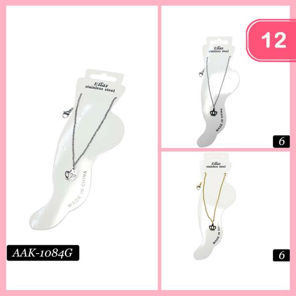 STAINLESS STEEL CROWN CHARM CHAIN ANKLETS (12 UNITS)