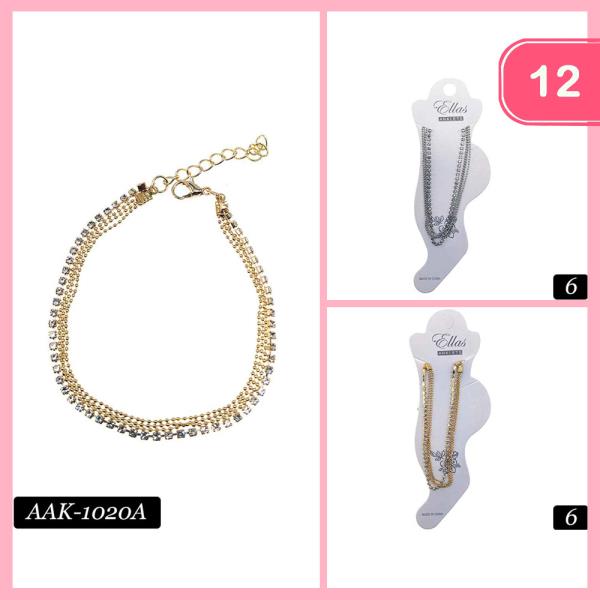 LAYERED RHINESTONE METAL CHAIN ANKLET (12 UNITS)