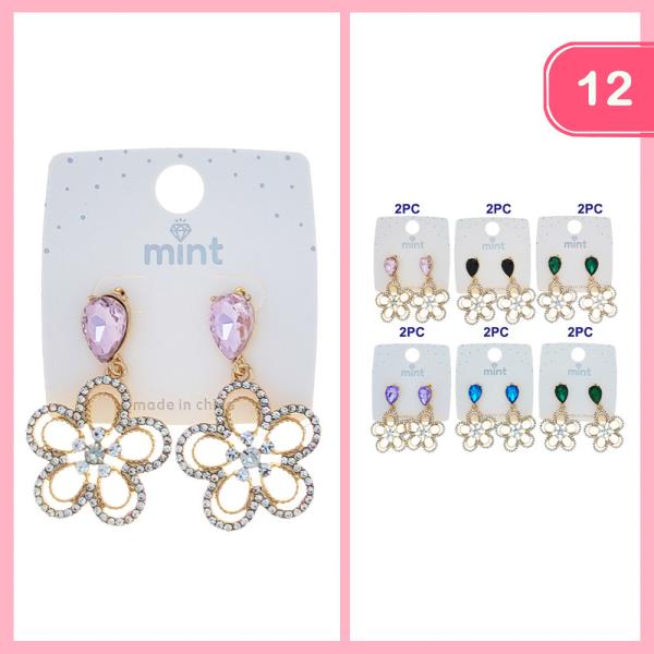 GLASS STONE RHINESTONE FLOWER EARRING (12 UNITS)