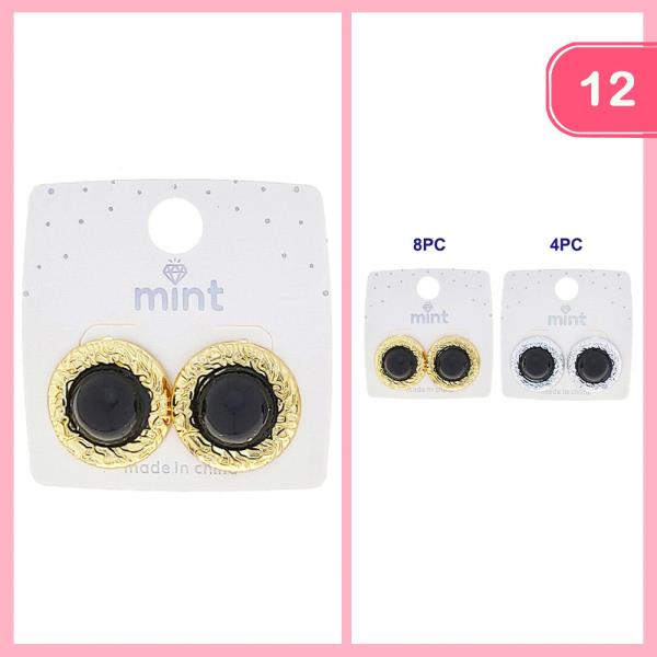 METAL EDGE ROUND STONE STUD EARRING (12 UNITS)