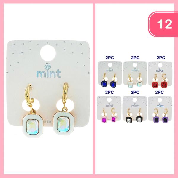 RHINESTONE GLASS STONE OCTAGON EARRING (12 UNITS)