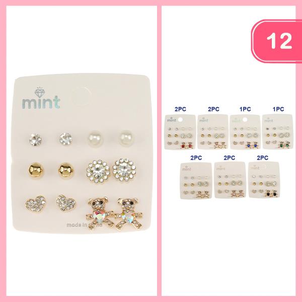 RHINESTONE PEARL HEART TEDDY BEAR STUD EARRING 6 PAIR SET (12 UNITS)