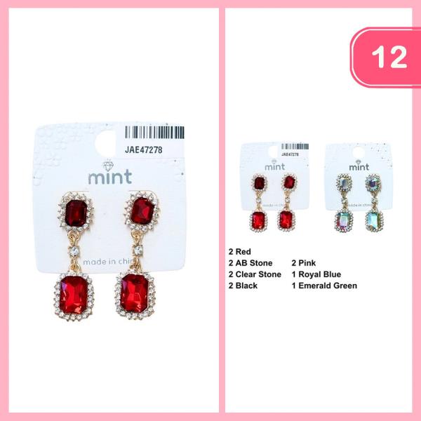 RHINESTONE GLASS EMERALD CUT DANGLE EARRING (12 UNITS)
