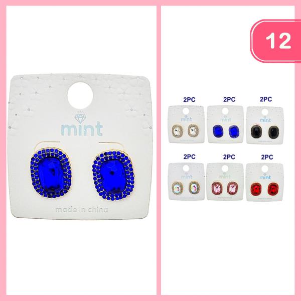 TONE ON TONE GLASS RHINESTONE ROUNDED SQUARE STUD EARRING (12 UNITS)
