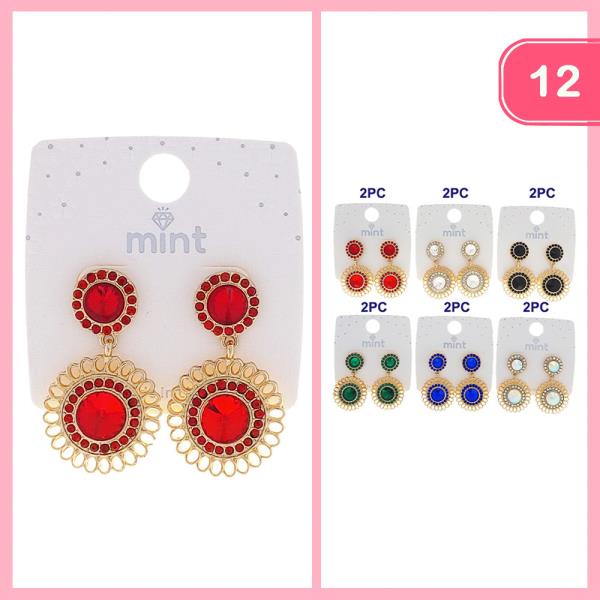 RHINESTONE ROUND GLASS DROP EARRING (12 UNITS)