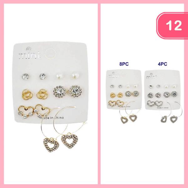 RHINESTONE HEART PEARL STUD HOOP EARRING 6 PAIR SET (12 UNITS)