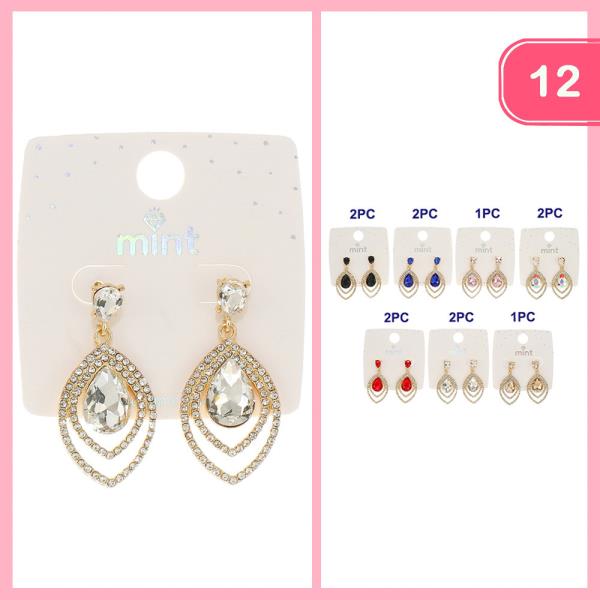 RHINESTONE LAYERED LEAF SHAPE DANGLE EARRING (12 UNITS)