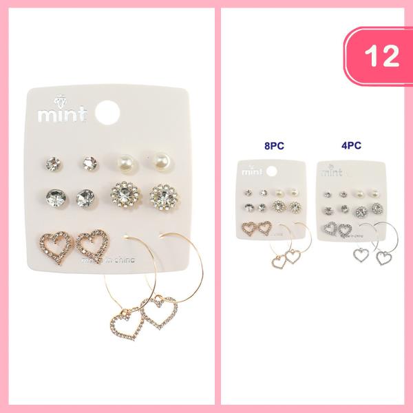 ASSORTED HEART PEARL STUD HOOP EARRING 6 PAIR SET (12 UNITS)