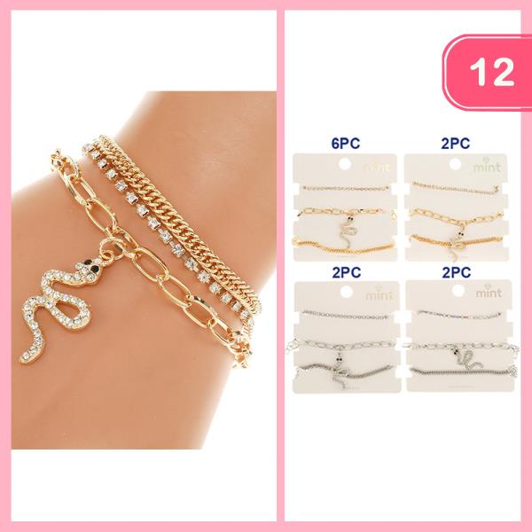 RHINESTONE SNAKE METAL LINK CHAIN BRACELET 3 PC SET (12 UNITS)
