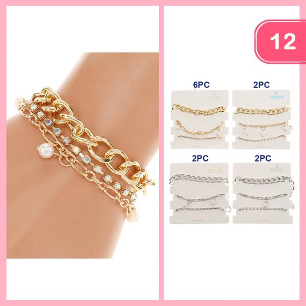 RHINESTONE PEARL BEAD METAL LINK CHAIN BRACELET 3 PC SET (12 UNITS)