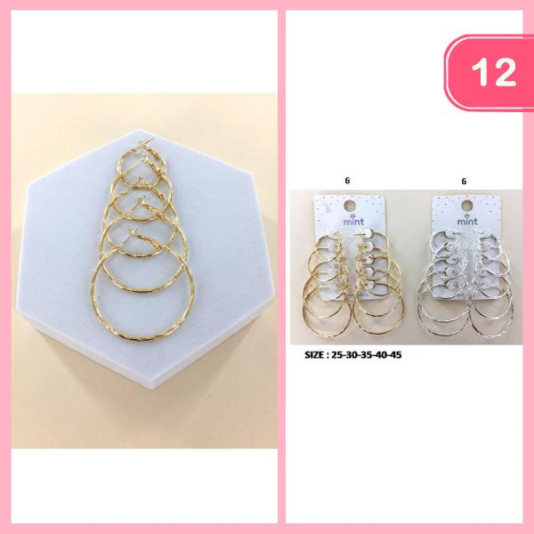 TWIST TEXTURED 5 PAIR MULTI HOOP EARRING SET (12 UNITS)