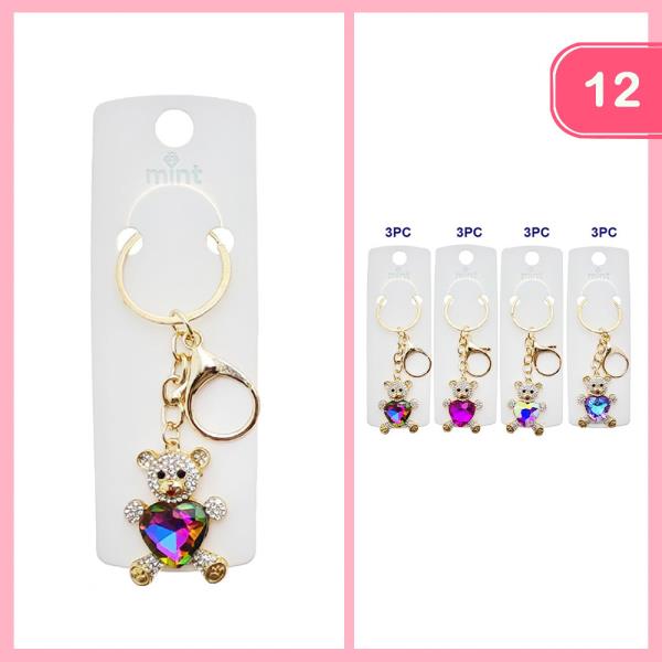 RHINESTONE GLASS STONE HEART TEDDY BEAR KEYCHAIN (12 UNITS)