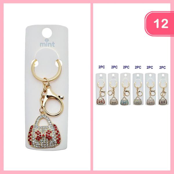 RHINESTONE CUTE RIBBON BOW HANDBAG KEYCHAIN (12 UNITS)