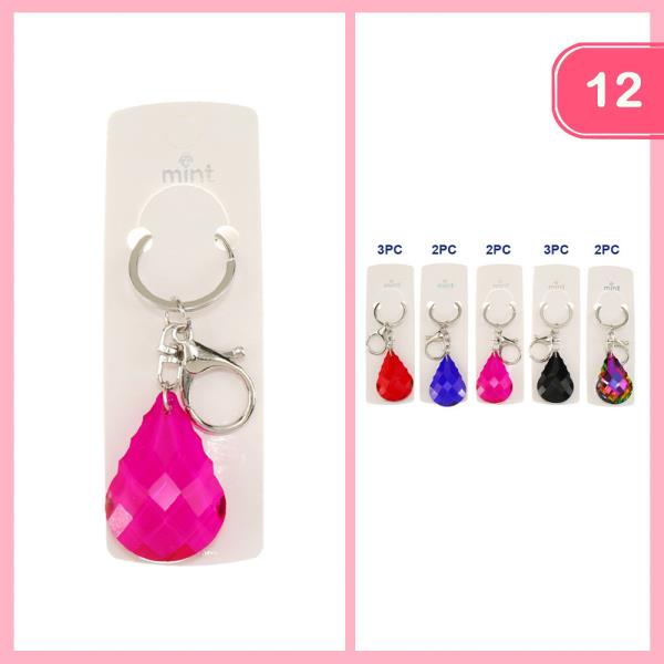 MULTI CUT TEXTURE GLASS TEARDROP PENDANT KEYCHAIN (12 UNITS)