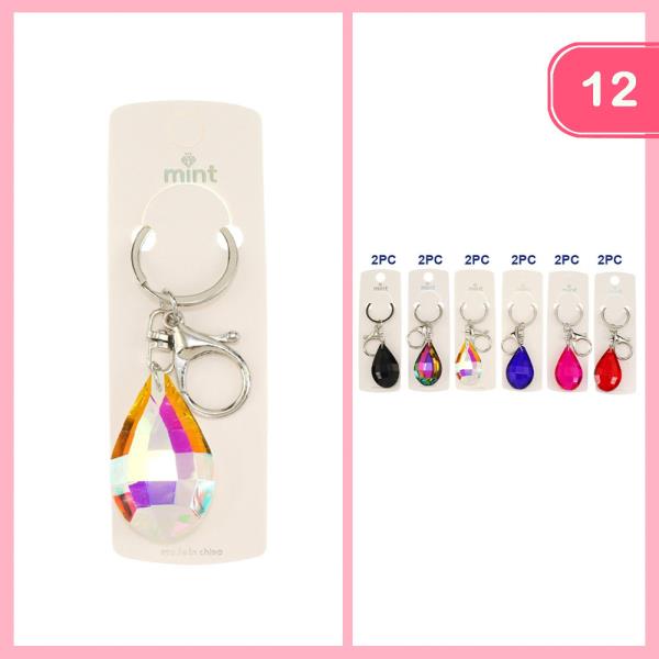 ASSORTED COLOR GLASS TEARDROP PENDANT KEYCHAIN (12 UNITS)