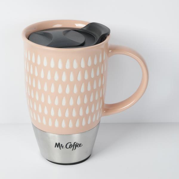 MR COUPLETON - 15 OZ TRAVEL CUP W/ LID - PEACH - TEARDROP - WAX RELEIF - SS - STONEWARE - O/S W/ UPC LABEL