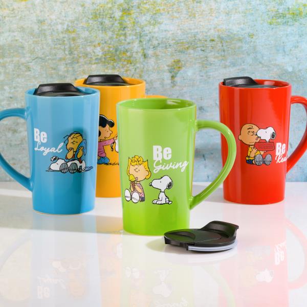PEANUTS GENTLE REMINDERS 4-PACK 18OZ STONEWARE TRAVEL CUP W/ LID