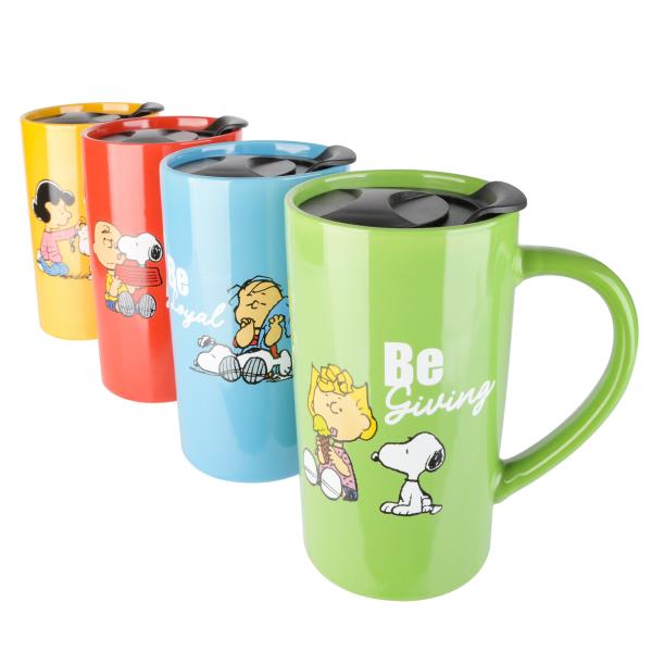 PEANUTS GENTLE REMINDERS 4-PACK 18OZ STONEWARE TRAVEL CUP W/ LID