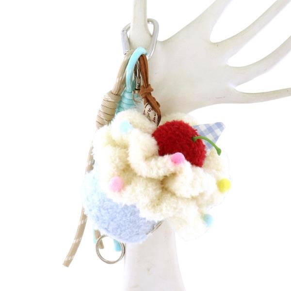 PLUSH BLUE CUPCAKE BAG CHARM KEYCHAIN WITH CHERRY TOPPER AND DECORATIVE BALLS
