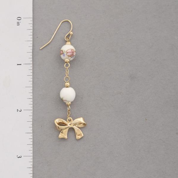 DAINTY BOW CERAMIC BEAD DANGLE EARRING