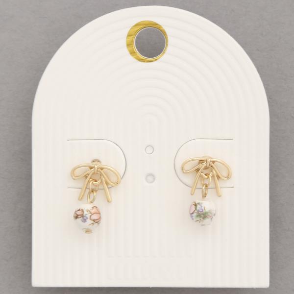 DAINTY BOW FLOWER CERAMIC PRINT BEAD EARRING