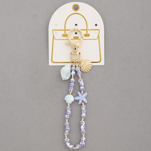 FLOWER BLUE CERAMIC PRINT BEAD SEA LIFE STARFISH SEASHELL BAG CHARM
