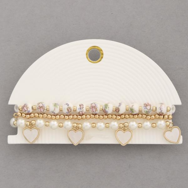 HEART CHARM CERAMIC PEARL BEAD BRACELET SET