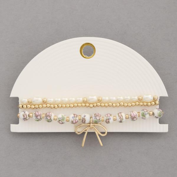 BOW CHARM CERAMIC BEAD BRACELET SET