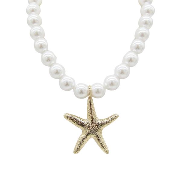 METAL STARFISH PEARL BEAD PENDANT NECKLACE