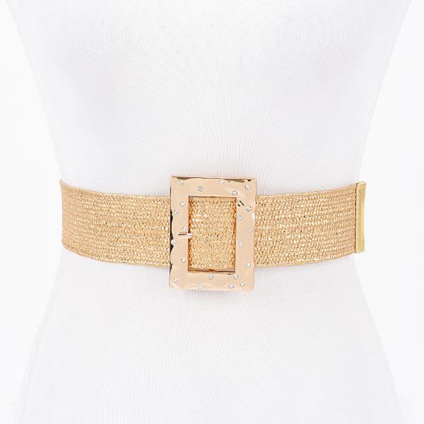 FAUX STRAW METAL STONE BUCKLE STRETCH BELT