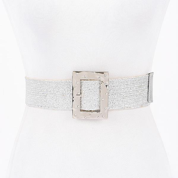 FAUX STRAW METAL STONE BUCKLE STRETCH BELT