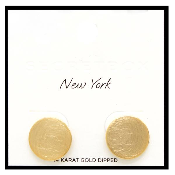 SECRET BOX 14K GOLD DIPPED BRUSHED METAL ROUND EARRING