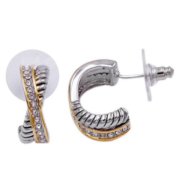 TWO TONE CZ CRISS CROSS OPEN HOOP 14K GOLD DIPPED EARRING
