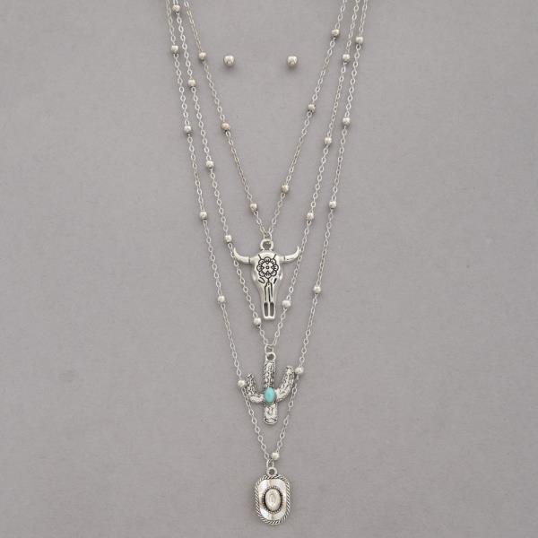 WESTERN STYLE CACTUS HAT COW SKULL PENDANT NECKLACE EARRING SET