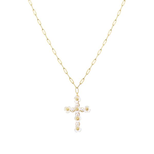 METAL PEARL FLOWER CROSS NECKLACE