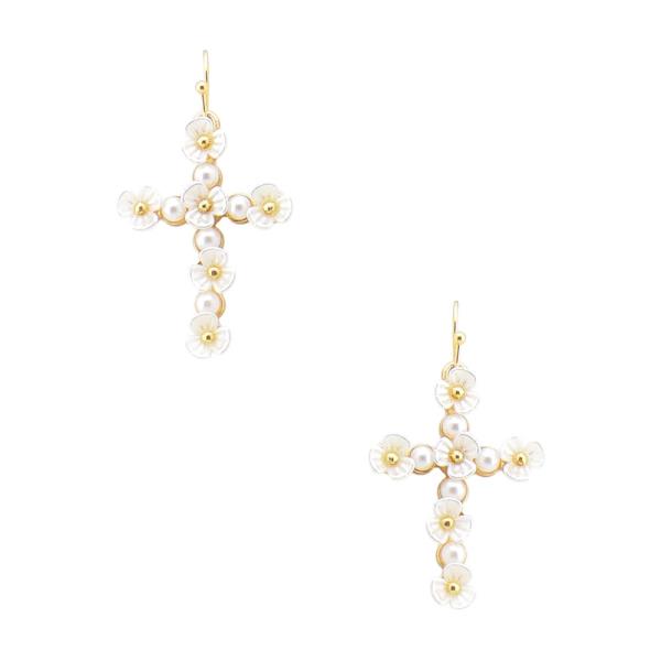 METAL PEARL FLOWER CROSS EARRINGS