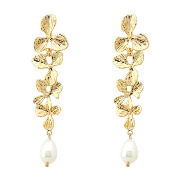METAL PEARL FLOWER DROPLET EARRINGS