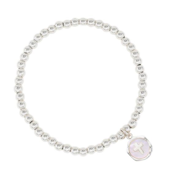 MOTHER OF PEARL CROSS STAINLESS STEEL BALL BEAD BRACELET