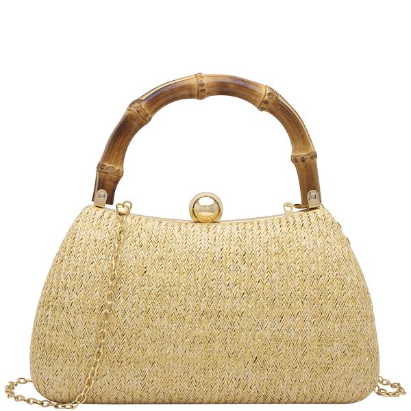 WOVEN TEXTURED WOODEN HANDLE EVENING BAG