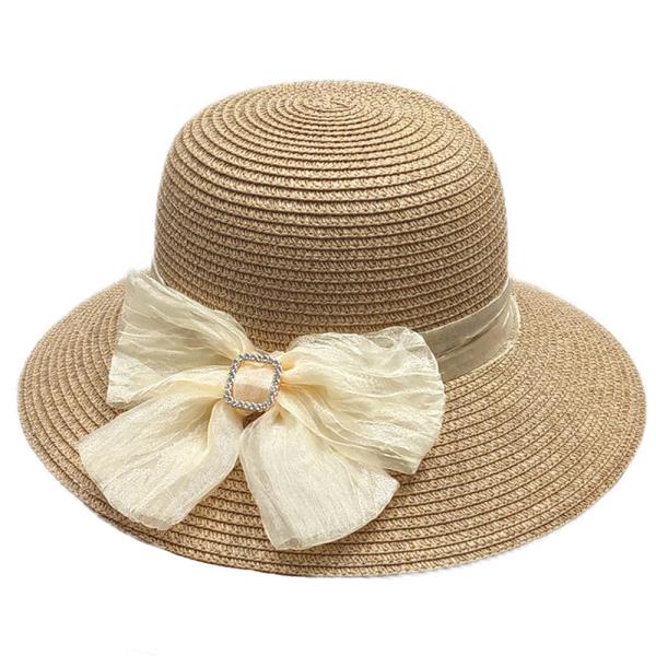 PAPER RIBBON ROUND BRIM HAT WITH ORGANZA BOW, RHINESTONE BUCKLE ACCENT, AND SMOOTH SATIN BAND