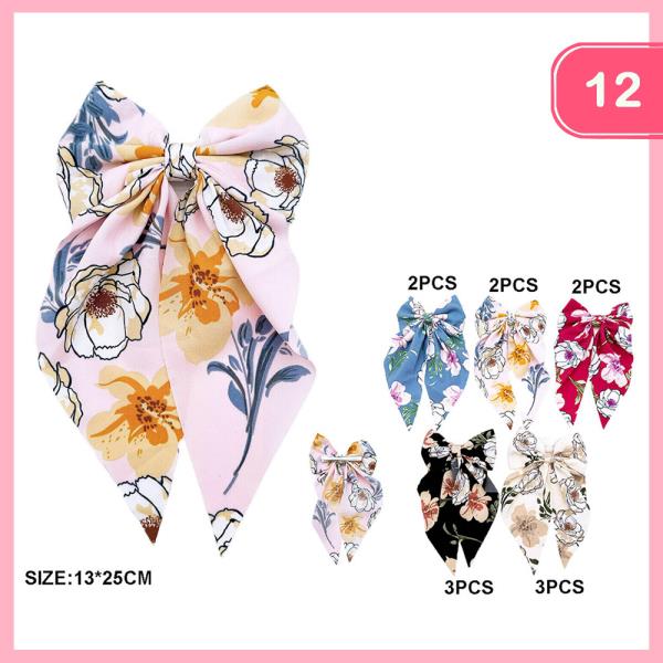 FLOWER RIBBON HAIR BOW PIN (12 UNITS)