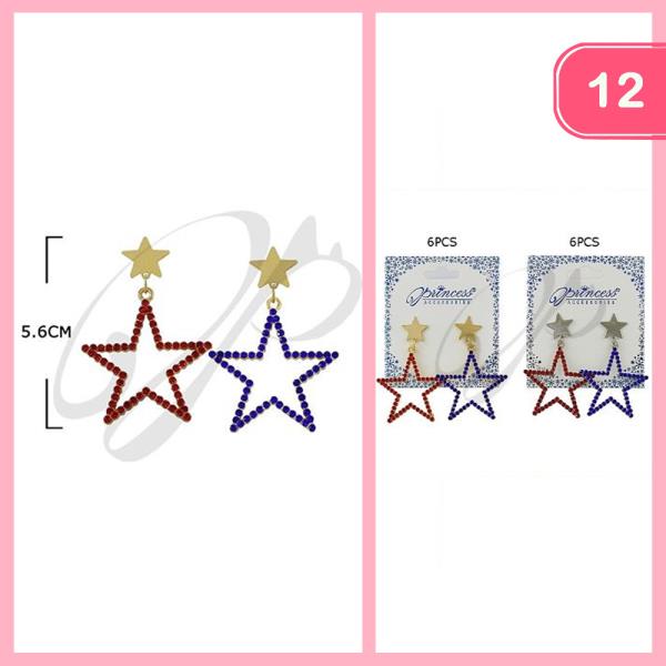 RHINESTONE STAR AMERICAN FLAG COLOR DANGLE EARRING (12 UNITS)