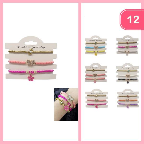 BUTTERFLY FLOWER BEAD STRETCH BRACELET SET (12 UNITS)
