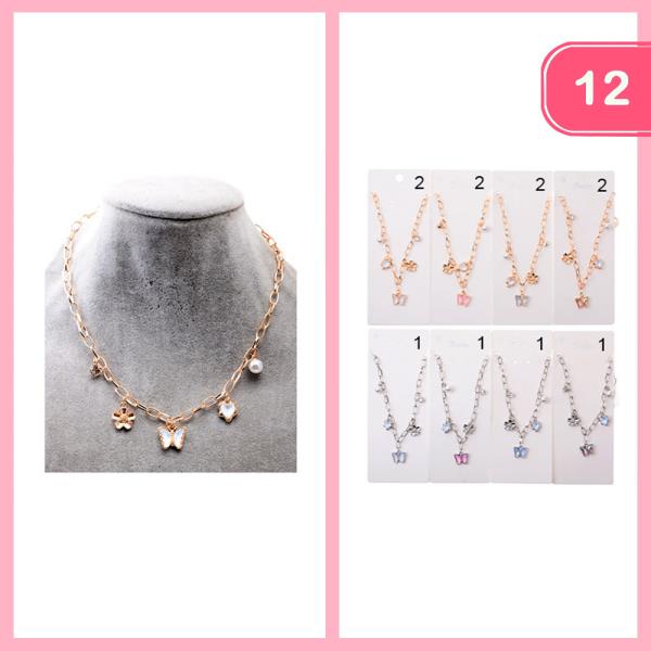 BUTTERFLY FLOWER PEARL CHARM CHAIN NECKLACE (12 UNITS)