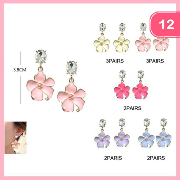 ENAMEL FLOWER RHINESTONE STUD DANGLE EARRING (12 UNITS)