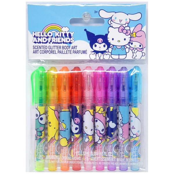 HELLO KITTY AND FRIENDS 9PC MINI GLITTER BODY ART PENS IN BAG WITH HEADER