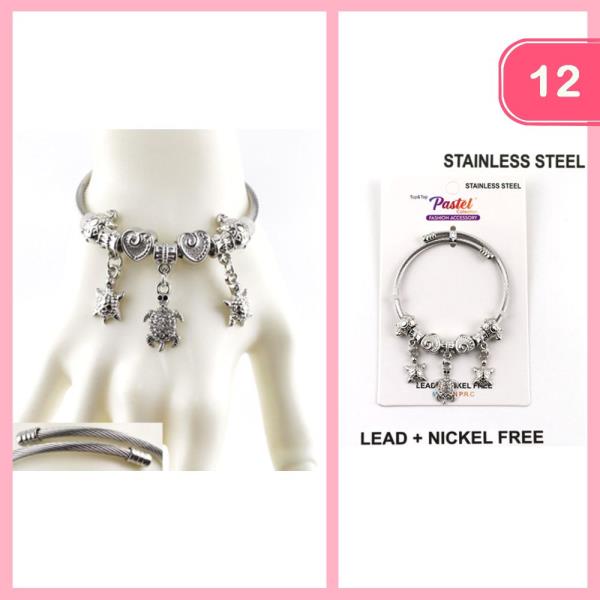 STAINLESS STEEL TURTLE HEART CHARM BRACELET (12 UNITS)