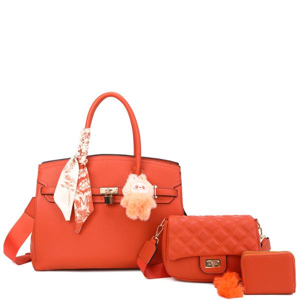 3IN1 TEXTURED HANDLE SCARF SATCHEL W CROSSBODY AND WALLET SET