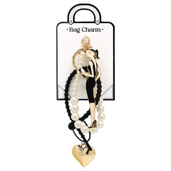 LADY WITH DRESS PEARL BEAD HEART CHARM BAG CHARM KEYCHAIN