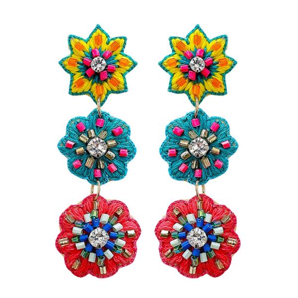 TRIPLE FLOWER CROCHET BEADED DANGLE EARRING